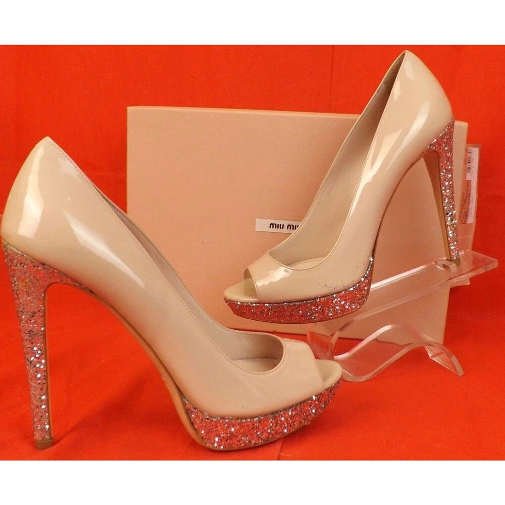 NIB MIU MIU PRADA 5KP189 NUDE PATENT LEATHER OPEN TOE GLITTER PLATFORM PUMPS 38 - Picture 4 of 10